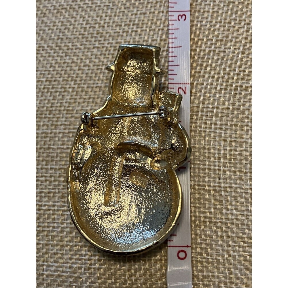 Snowman Brooch Vintage Enamel Red Scarf Gold Broom Christmas Winter Pin - Picture 3 of 3